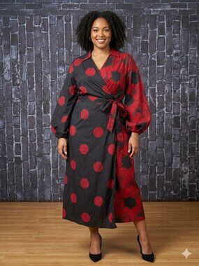 SHEIN Curve Black & Red Polka Dot Wrap Midi Dress Balloon Sleeves  Plus Size 1XL